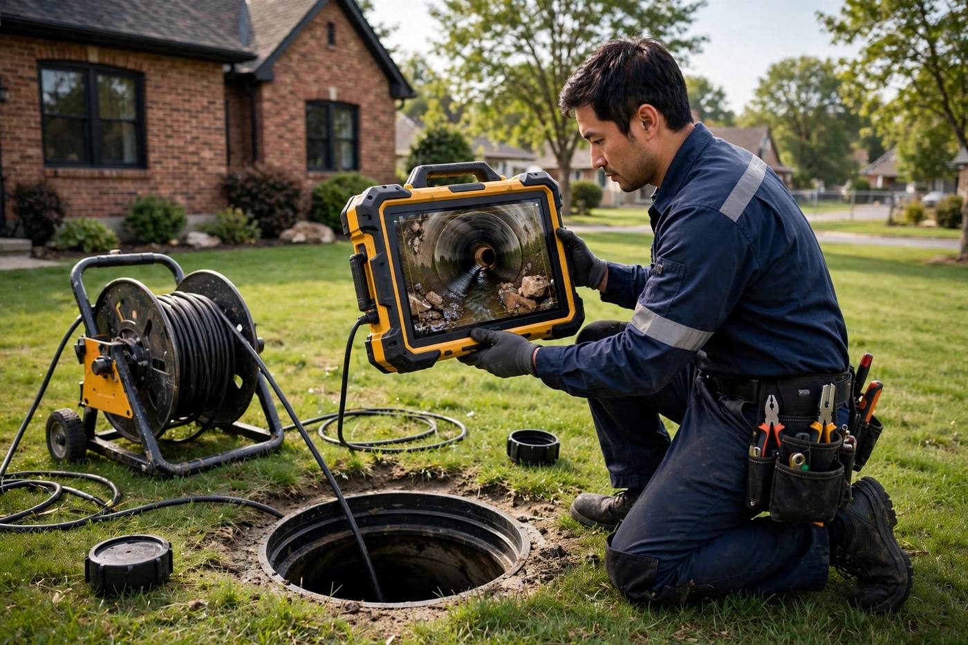 Plumber viewing a live sewer camera inspection feed at a cleanout