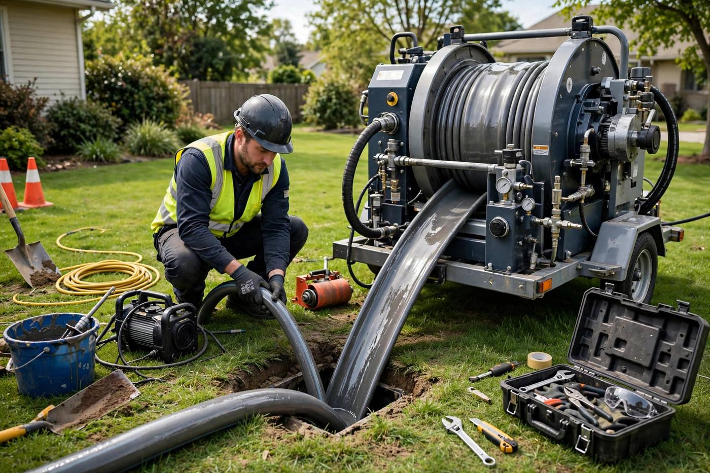 Technician installing a cured-in-place pipe liner through a small access point