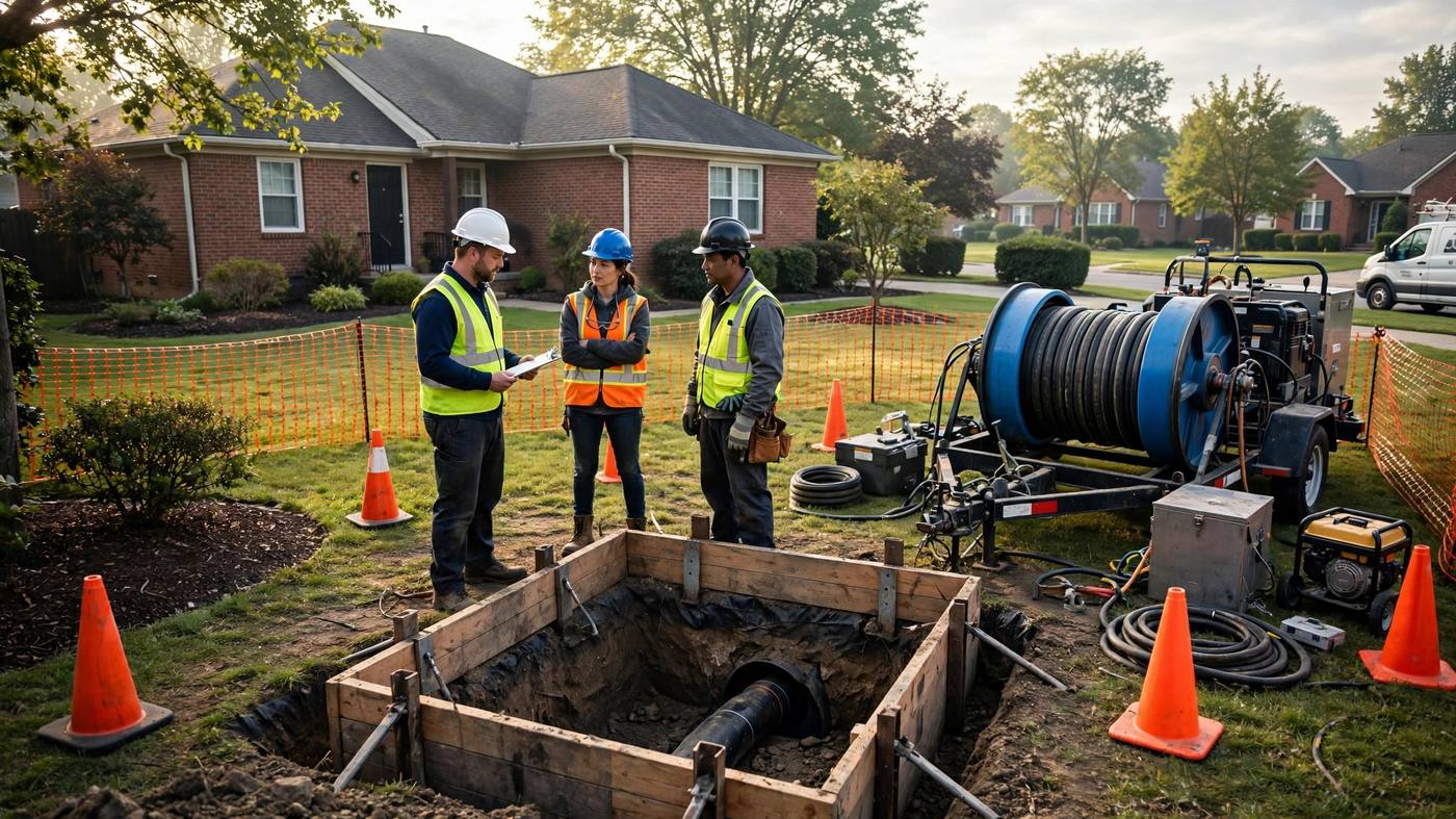 Trenchless repair crew with safety equipment at a small residential work site