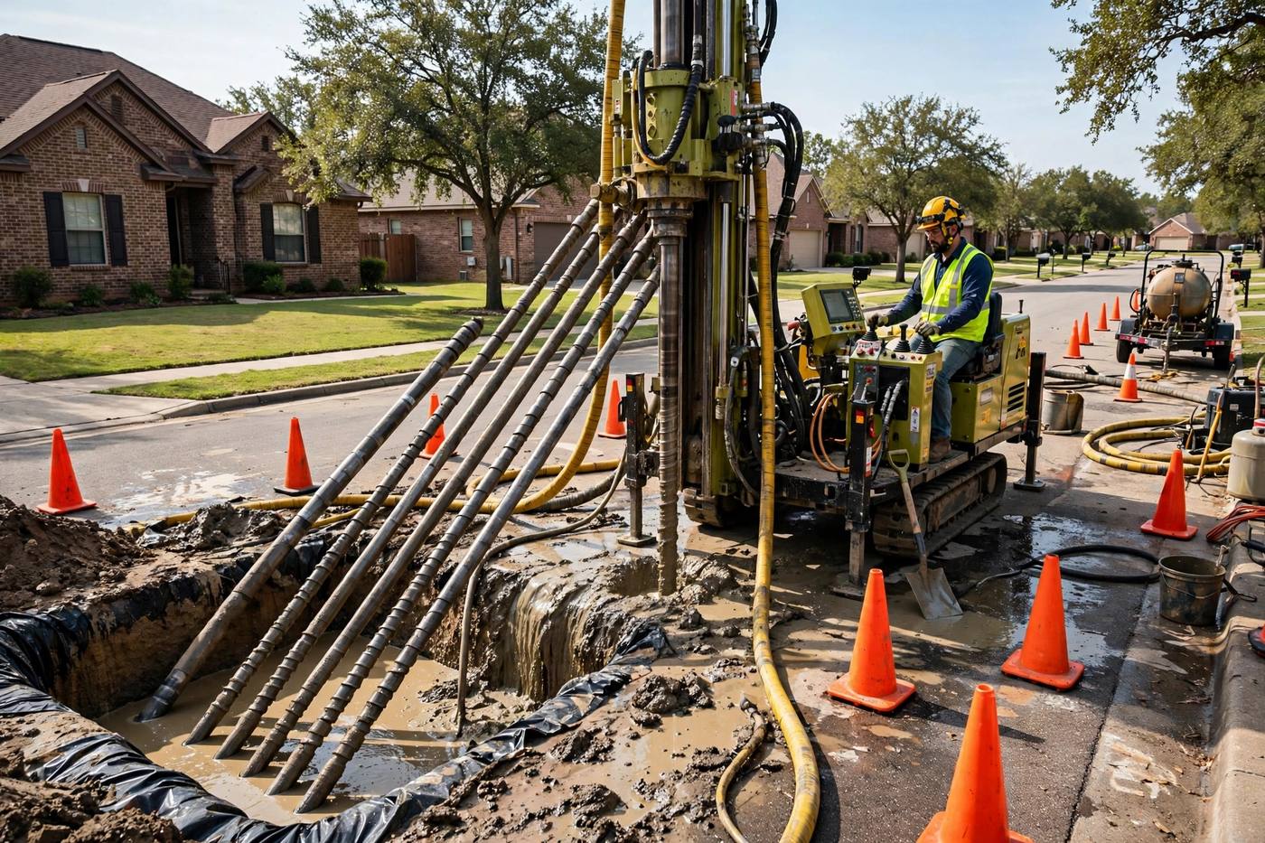 Horizontal directional drilling rig installing pipe under a suburban street