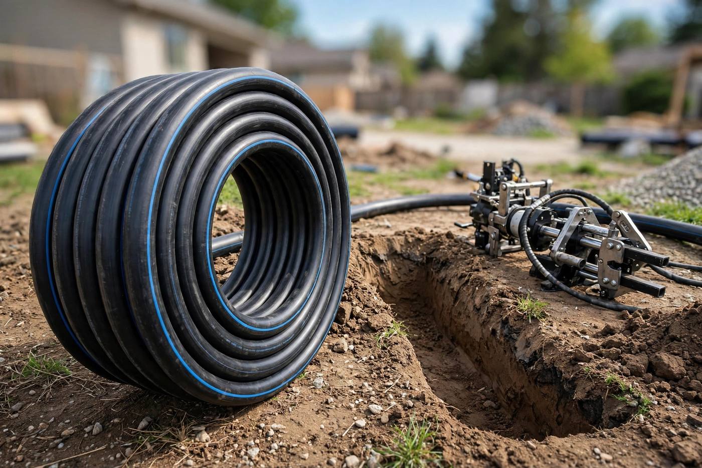New HDPE sewer pipe ready for trenchless installation