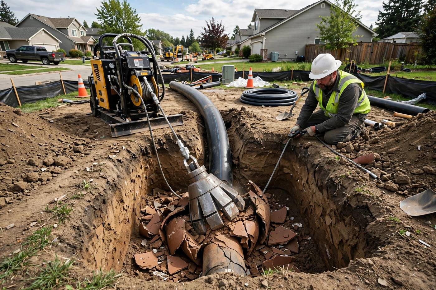 Pipe bursting head fracturing an old clay sewer pipe while pulling new HDPE pipe