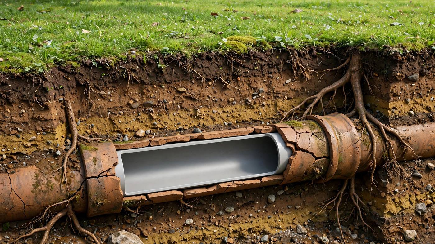 Cutaway showing a new liner inside an old cracked pipe beneath a lawn