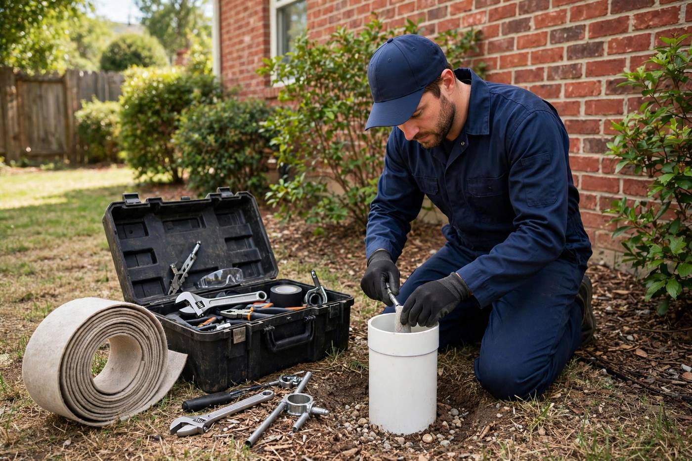 Technician performing trenchless sewer repair at an outdoor cleanout